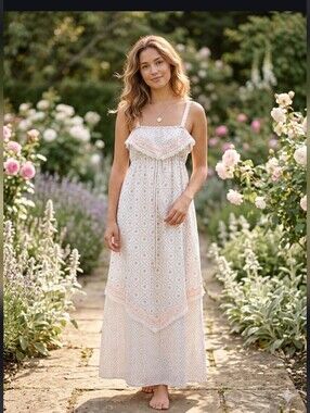 Vintage Roberta California Maxi Sun Dress White With Pink Roses Size Small